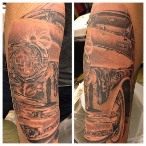 Grey Ink Car Tattoo On Arm Sleeve