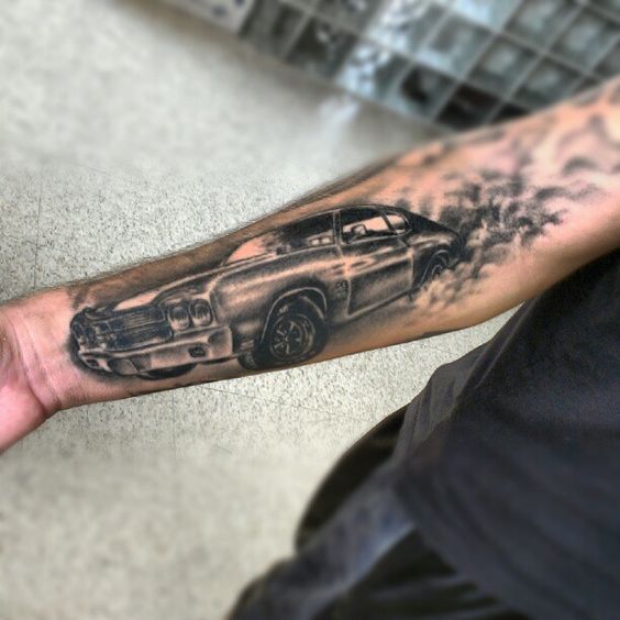 Grey Ink Car Tattoo On Right Forearm