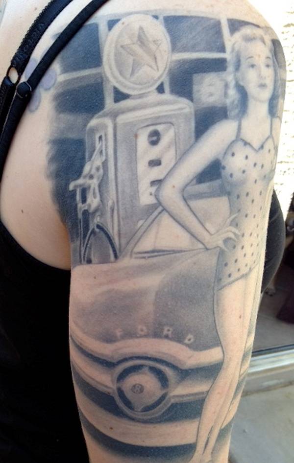 Grey Ink Car Themed Tattoo On Half Sleeve