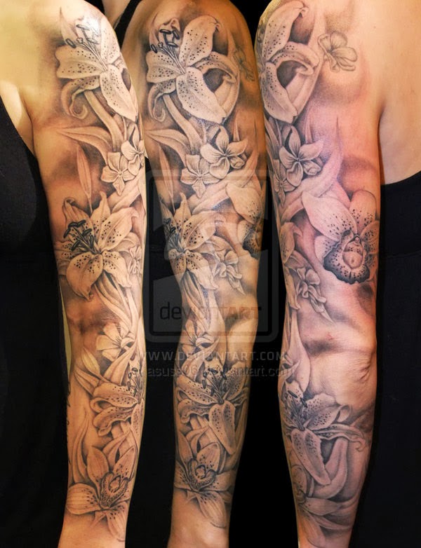 Grey Ink Feminine Flowers Tattoo On Full Sleeve