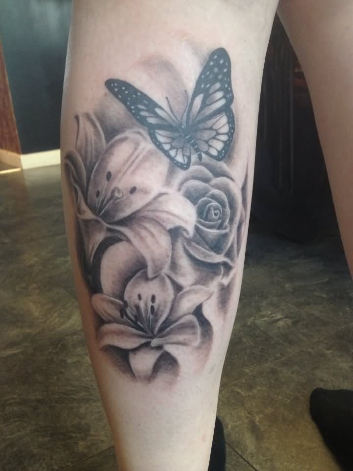 Grey Ink Feminine Flowers With Butterfly Tattoo Design For Leg