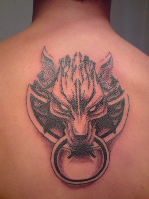 Grey Ink Fenrir Symbol Tattoo On Upper Back