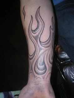 Grey Ink Fire And Flame Tattoo Design For Forearm