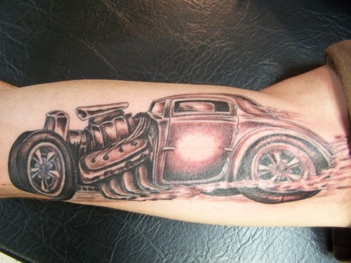 Grey Ink Hot Rod Car Tattoo On Arm