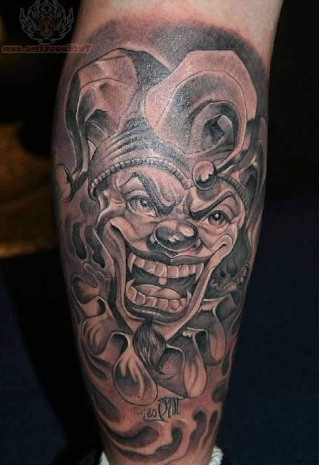 Grey Ink Joker Head Tattoo On Leg