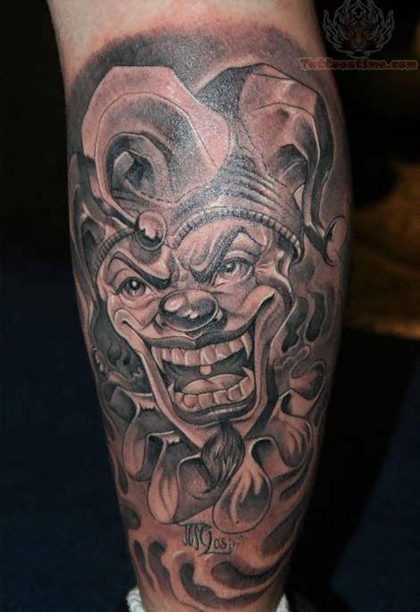 Grey Ink Joker Tattoo On Back Leg