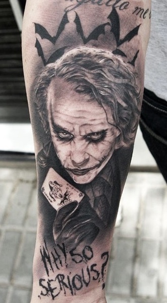 Grey Ink Joker Why So Serious Tattoo On Forearm