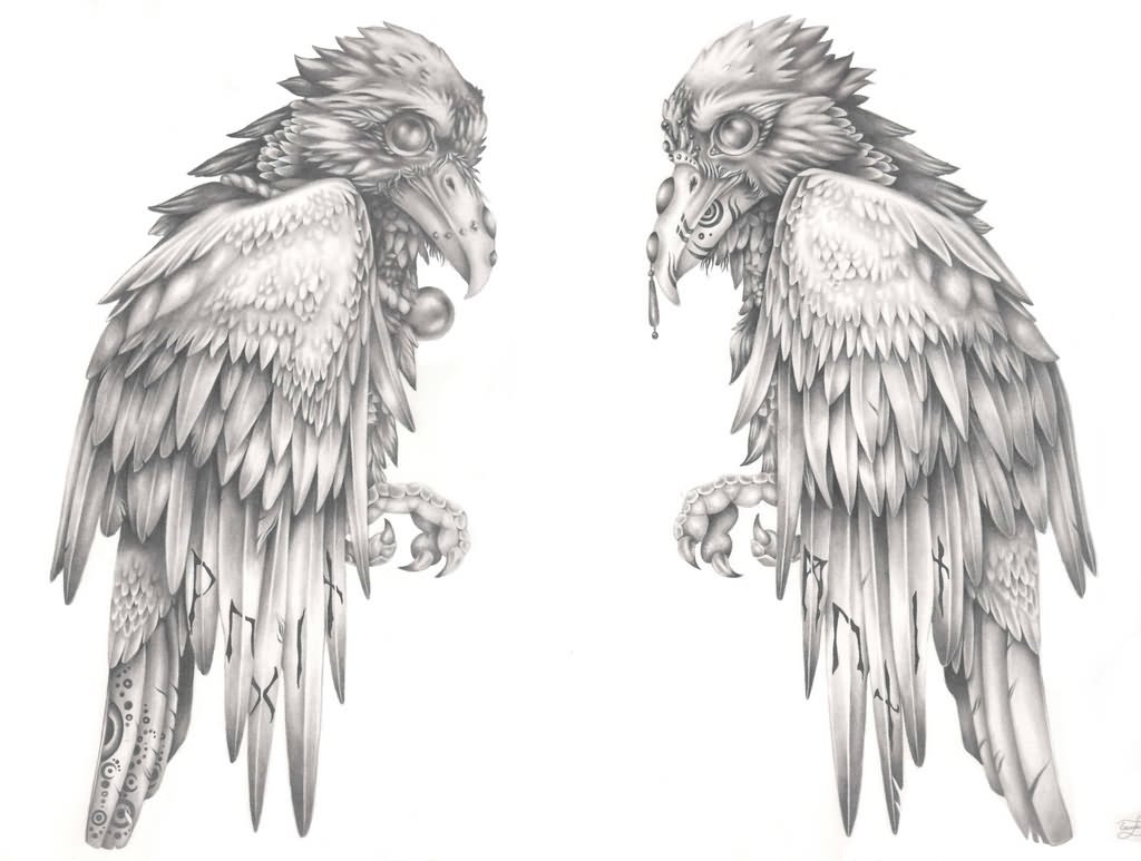 Grey Ink Odin's Raven Tattoo Design by Matriart