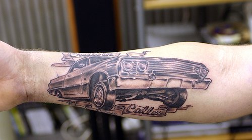 Grey Ink Old Car Tattoo On Right Forearm
