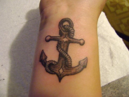 Grey Ink Rope Anchor Tattoo On Wrist