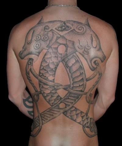 Grey Ink Scandinavian Tattoo On Back Body