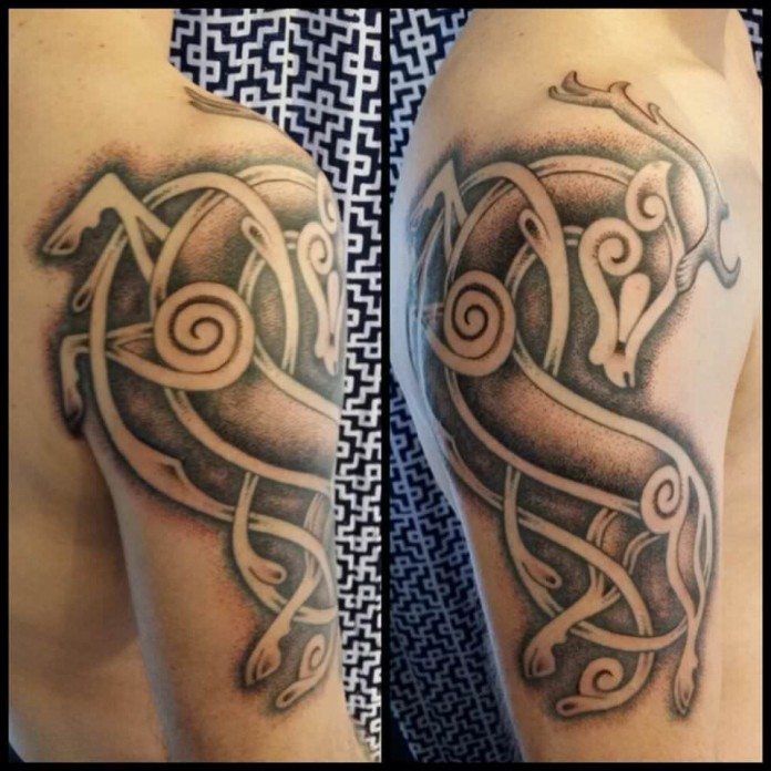 Grey Ink Scandinavian Tattoo On Right Half Sleeve