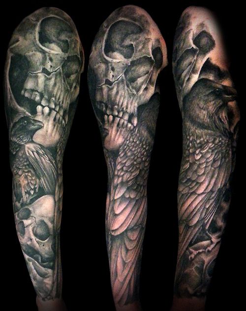 Grey Ink Skull And Raven Tattoo On Full Sleeve