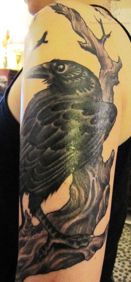 Grey Ink Tree And Black Raven Tattoo On Half Sleeve