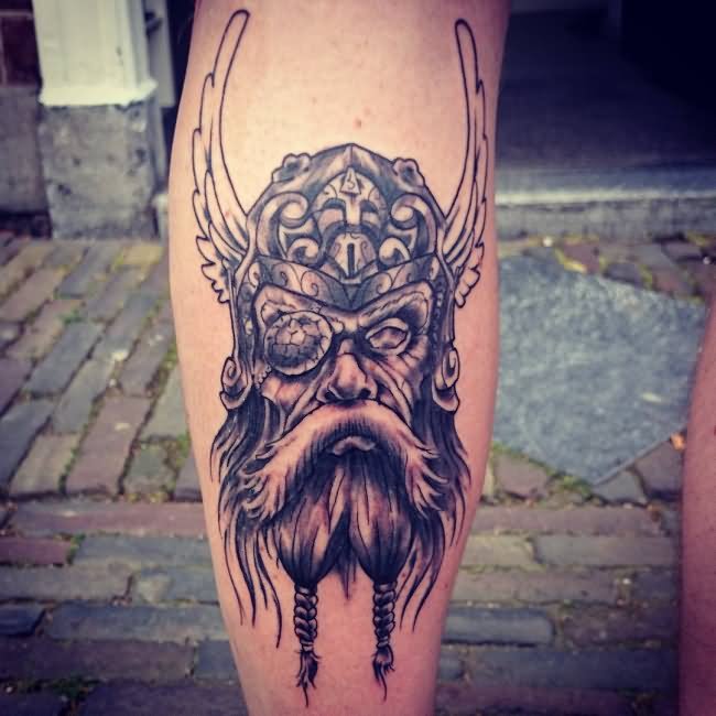 Grey Ink Viking Scandinavian Tattoo On Back Leg