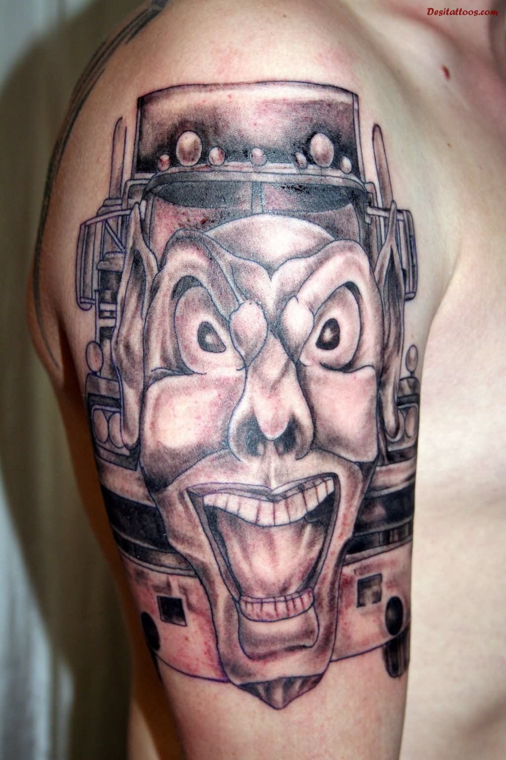 Grey Joker Head Tattoo On Right Shoulder