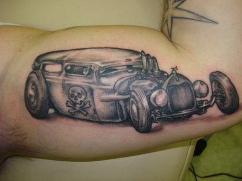 Grey Old Venerable Car Tattoo On Muscles