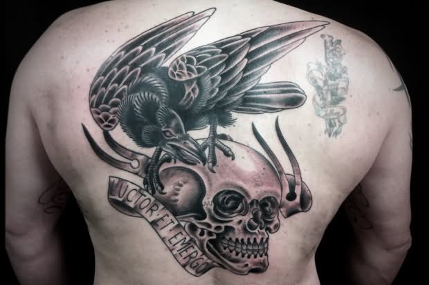 Grey Skull And Poe Raven Tattoo On Back Body