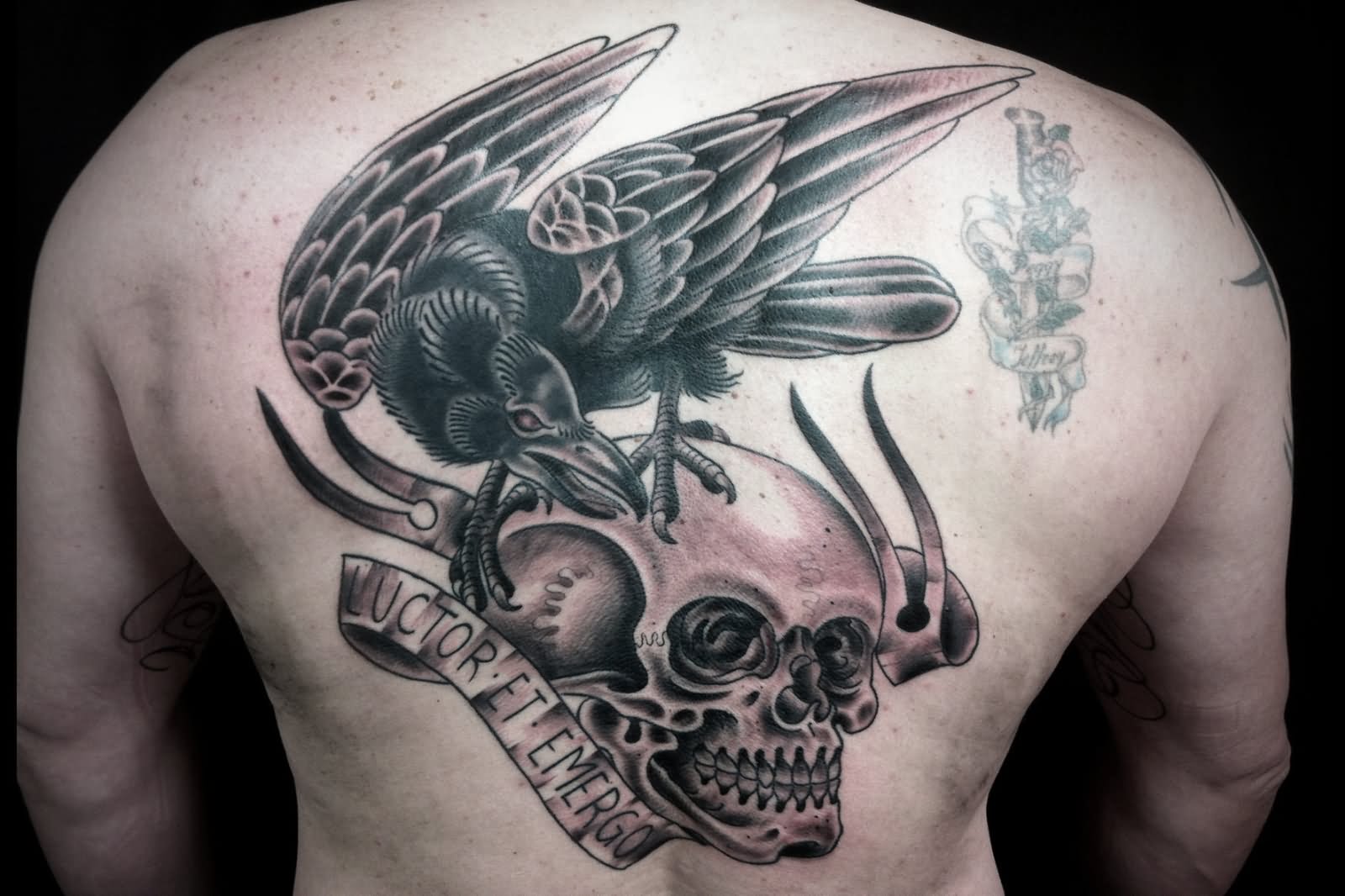 Grey Skull And Traditional Raven Tattoo On Full Back