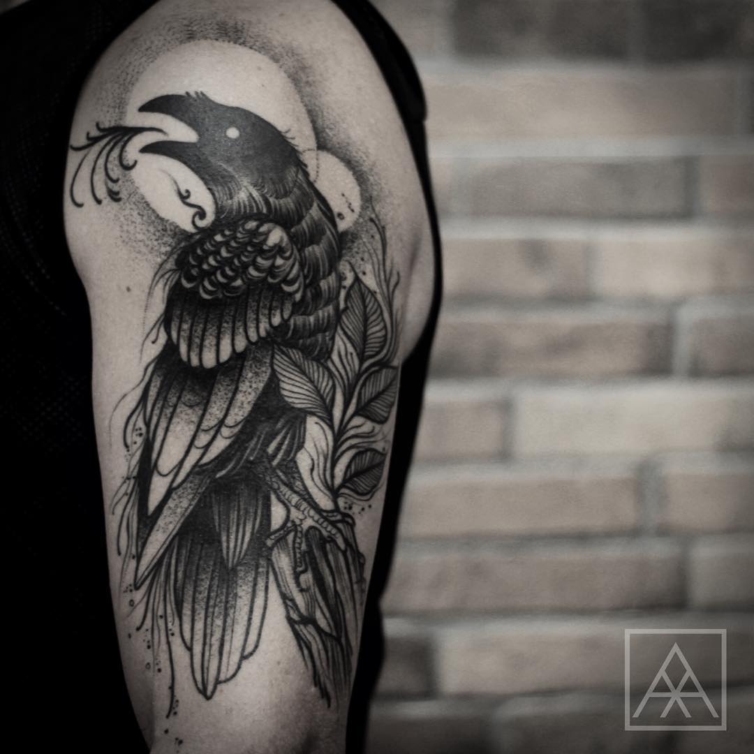 Grey Traditional Raven Tattoo On Left Half Sleeve