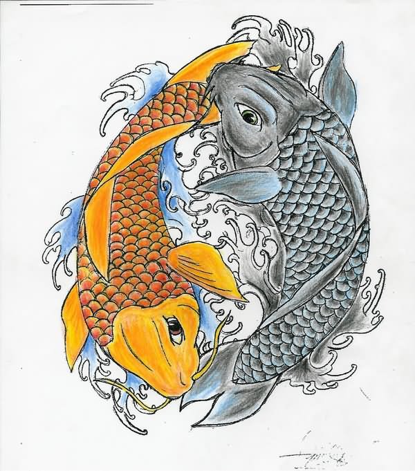 Grey and Color Yin Yang Fish Tattoo Design
