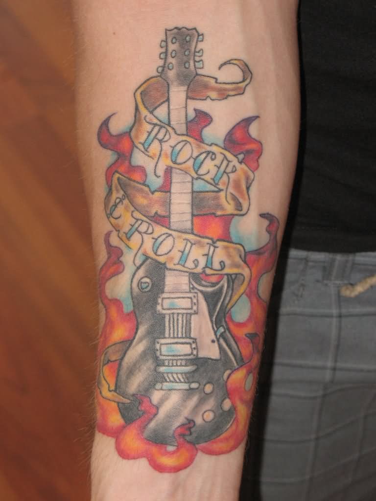 Guitar With Banner In Fire And Flame Tattoo Design For Forearm