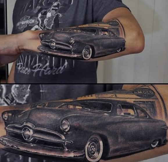 Guy With Classic Car Tattoo On Left Arm