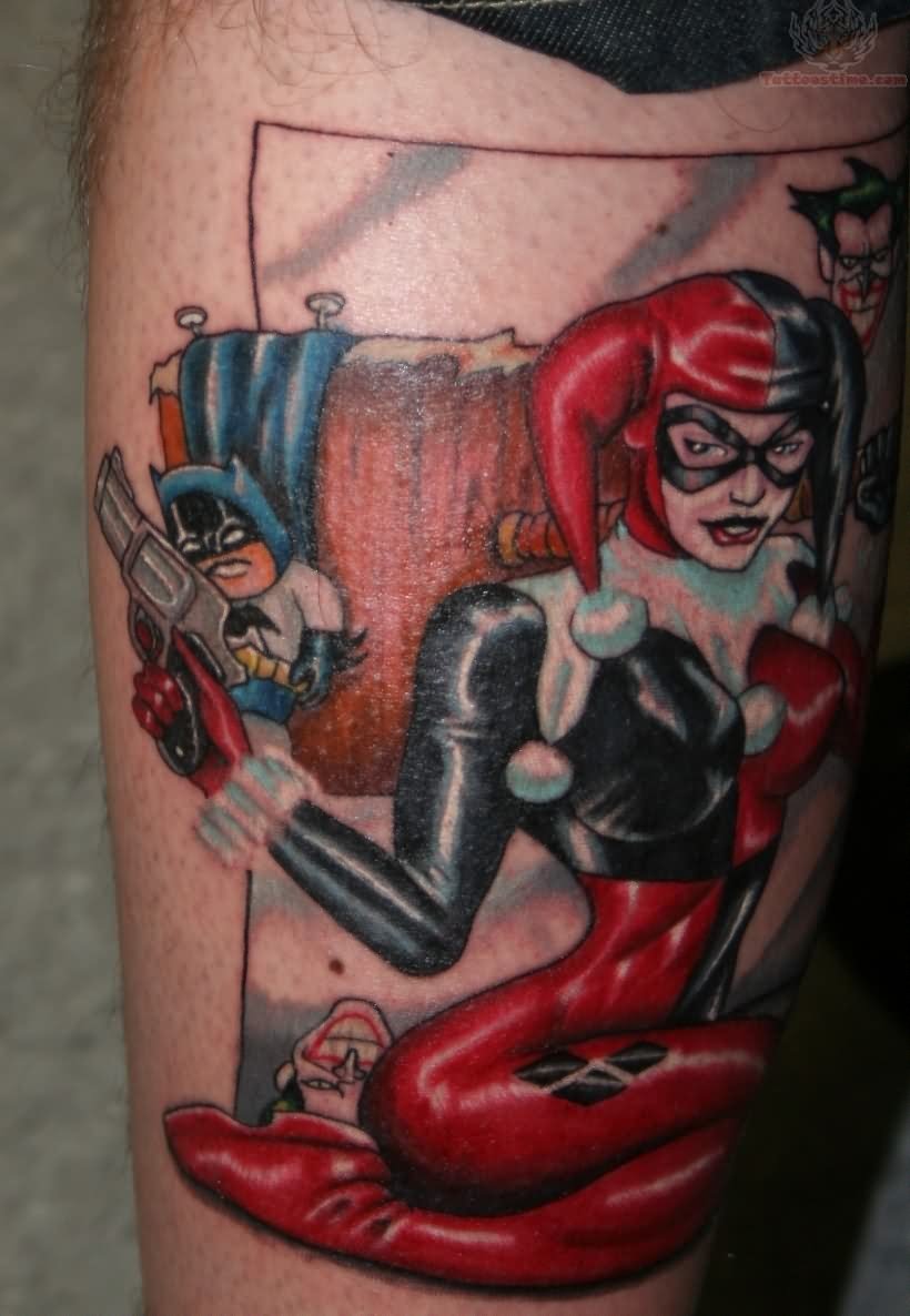 Harley Quinn  Joker Tattoo On Back Leg