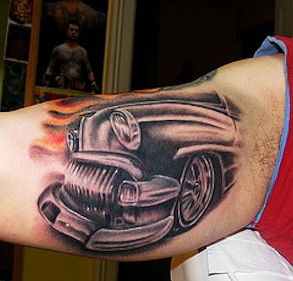 Hot Rod Car Tattoo On Right Bicep