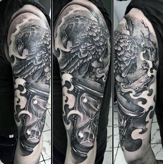 Hourglass And Raven Tattoo On Sleeve For Men