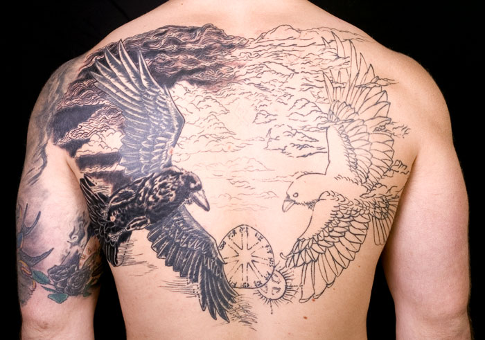 Hugin And Munin Tattoos On Back Body