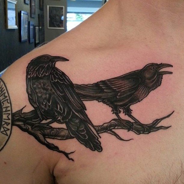Huginn And Muninn Odin's Raven Tattoo On Right Shoulder