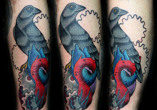 Human Heart And Raven Tattoo On Sleeve