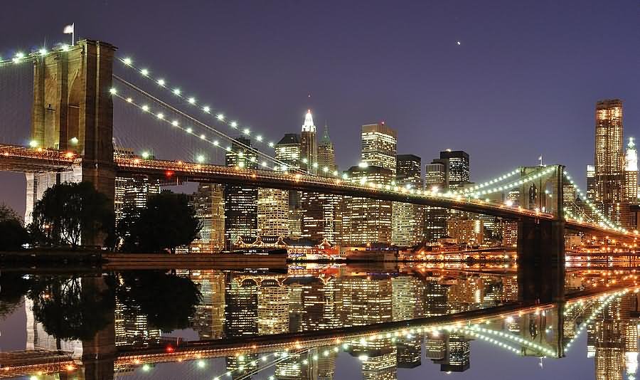 Incredible Water Reflection Night View Of Brooklyn Bridge