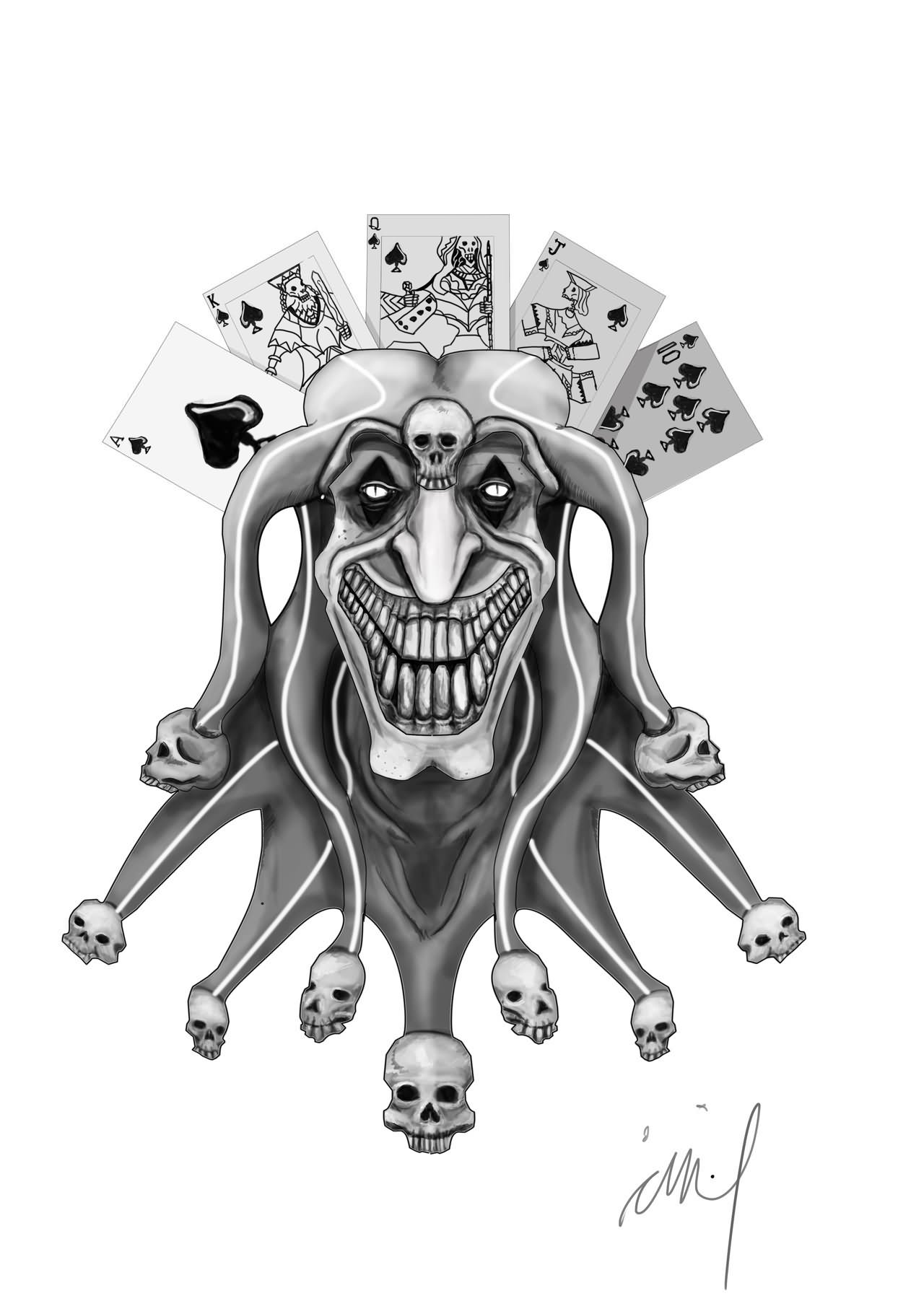 Jester Skull And Joker Cards Tattoo Design.