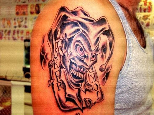 Joker Card Tattoo On Right Shoulder