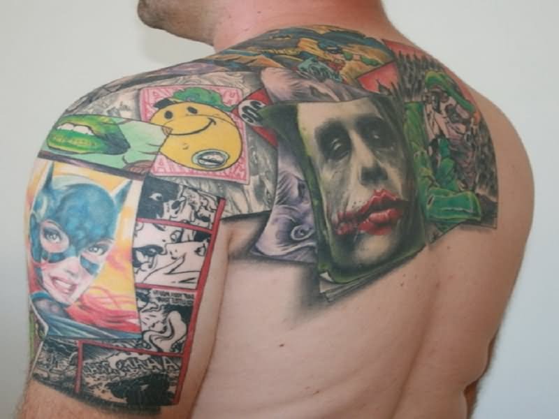 Joker Card Tattoos On Left Shoulder And Upper Back