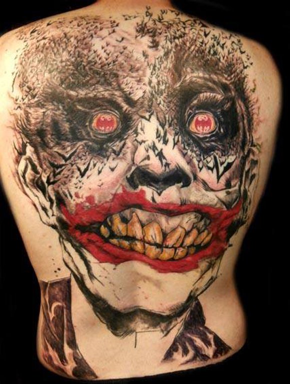 Joker Head Tattoo On Full Back by Todd Gnacinski
