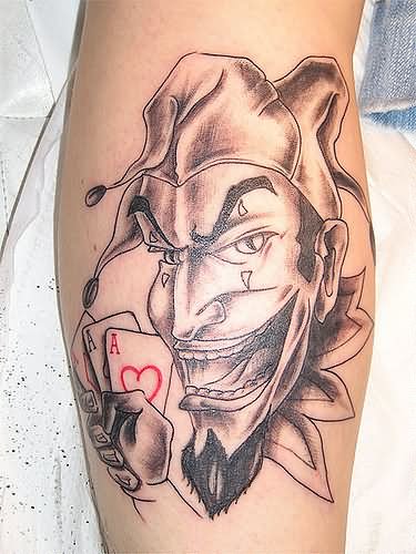 Joker Head With Cards Tattoo On Leg