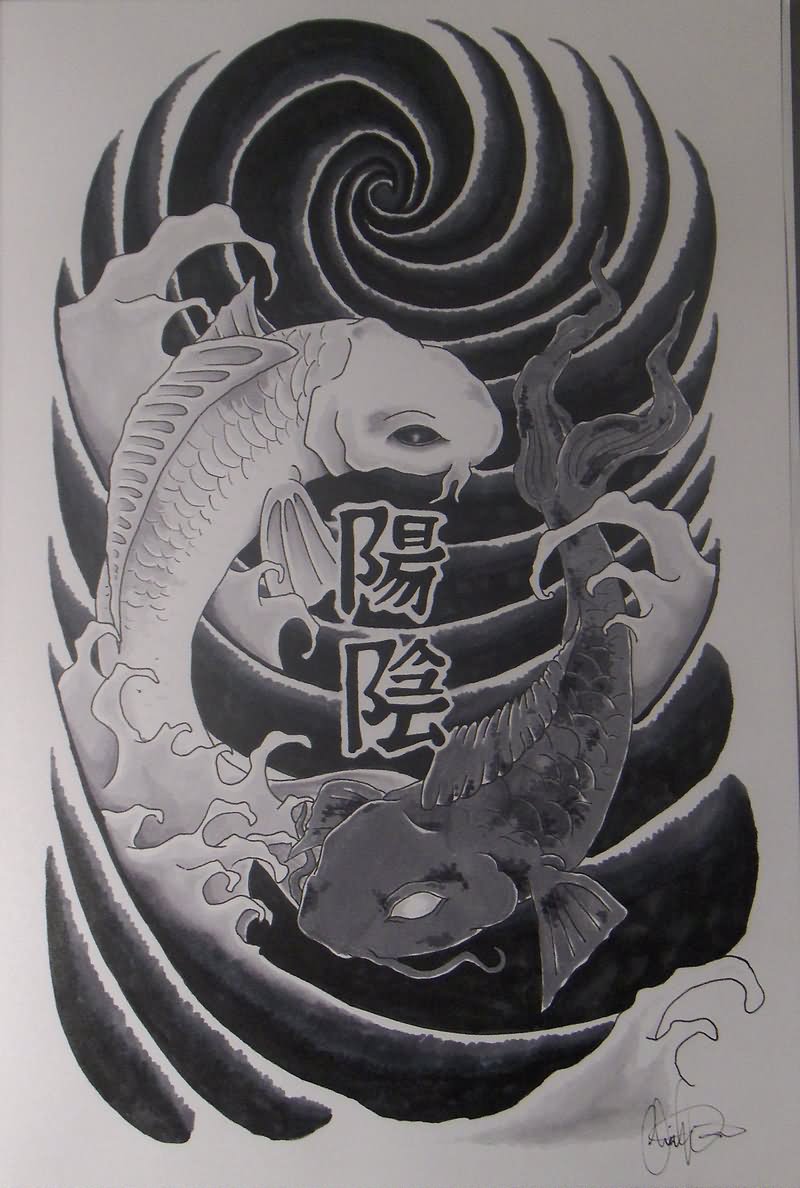 Kanji Yin Yang Fish Tattoo Design by Sammy Davis
