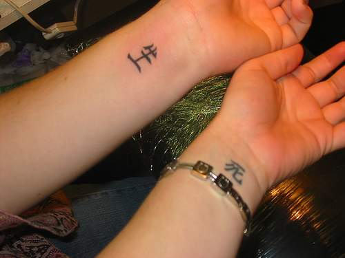 Kanji Tattoo On Couple Wrist