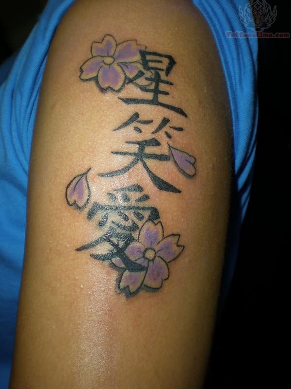 Kanji With Flowers Tattoo Design For Shoulder