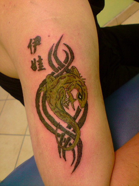 Kanji With Lizard Tattoo Design For Half Sleeve By Agathe