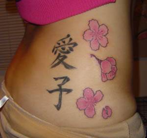 Kanji With Pink Flowers Tattoo Design For Side Rib