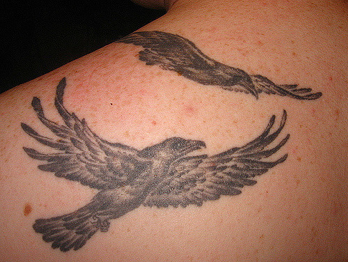 Left Back Shoulder Hugin And Munin Tattoo