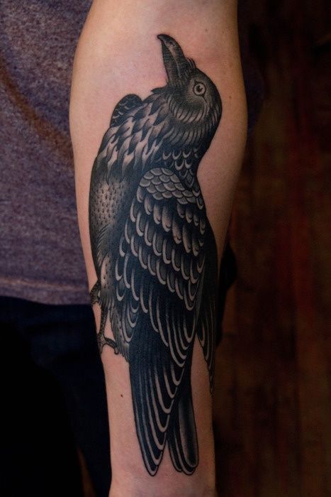 Left Forearm Traditional Raven Tattoo