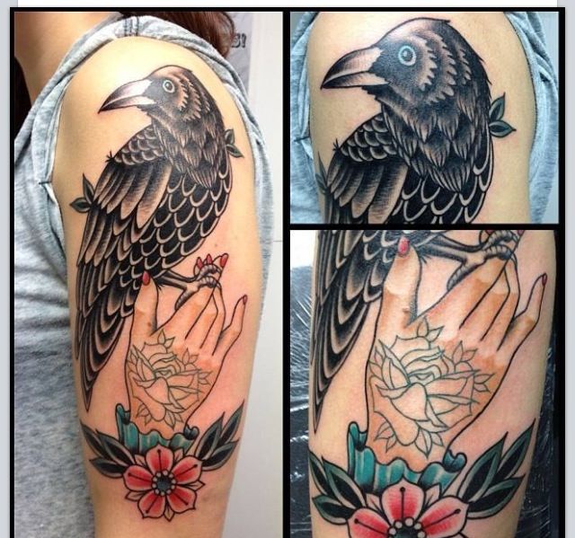 Left Half Sleeve Traditional Raven Tattoo