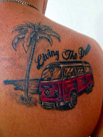 Living The Dream Car Tattoo On Right Back Shoulder