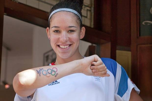 London 2012 - Colorful Olympic Symbol Tattoo On Girl Right Arm