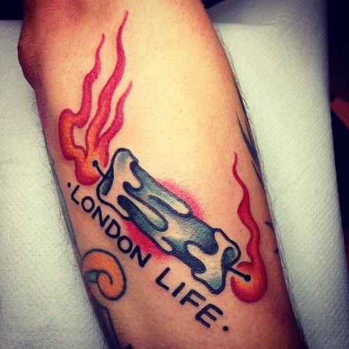 London Life Candle Burning at Both Ends Tattoo on Wrist